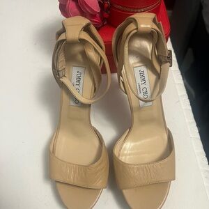 Jimmy CHOO Tan Patent Kayden Heels, Platform, Open Toe, Ankle Strap.
Size 40